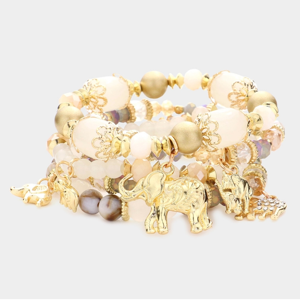 White Beaded 5 PC Elephant Charm Stack Stretch Layered Bracelets Strand